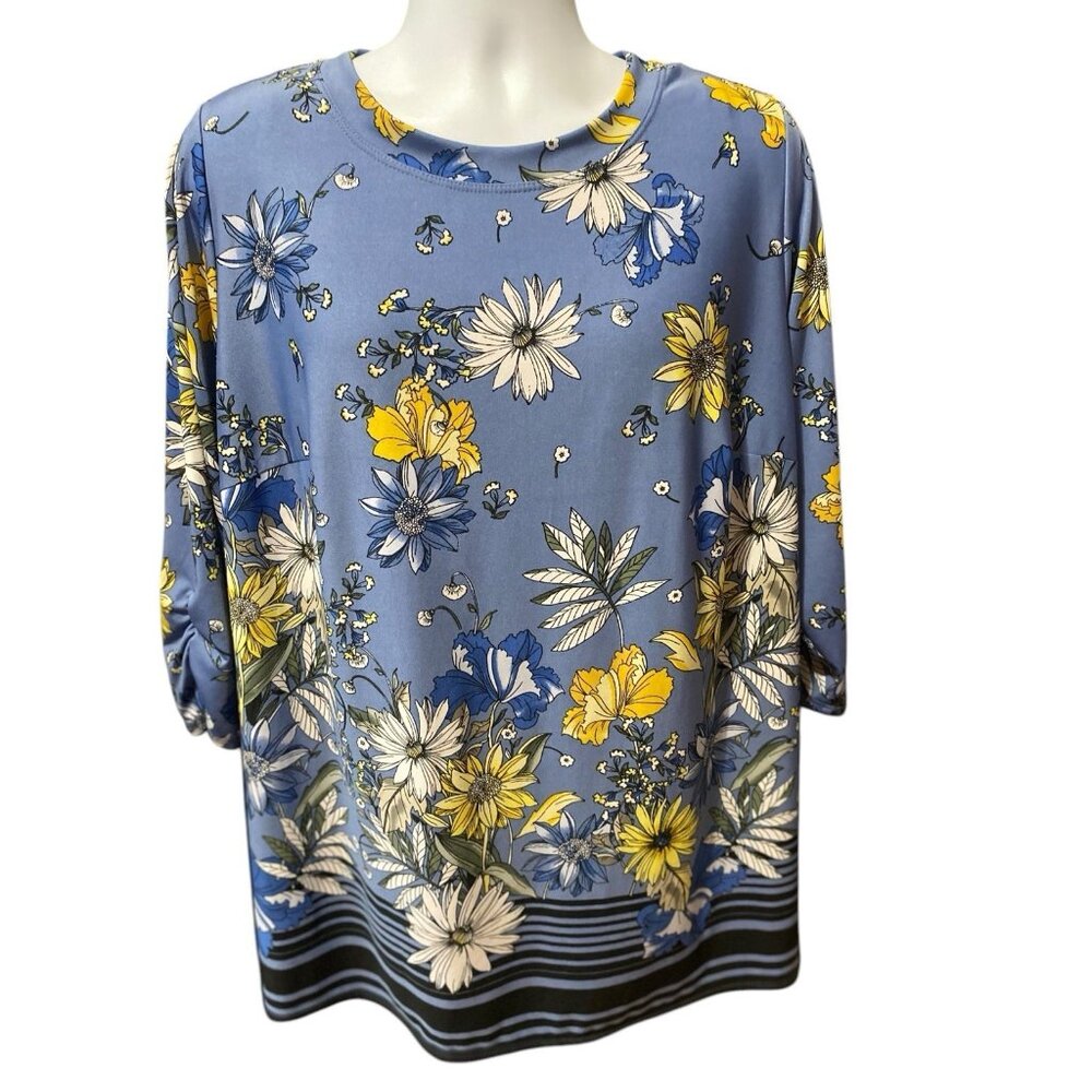 I N Studio Blouse Women’s 2XBlue Yellow Floral Stretch‎ 3/4 Sleeve Tunic Stretch